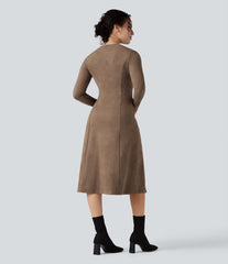 Lace-up V-neck Long Sleeve Midi Suede Work Dress