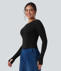 Scoop Neck Long Sleeve Thumb Hole Casual Wool-Blend Top