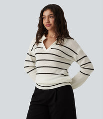 V-neck Long Sleeve Stripes Casual Sweater