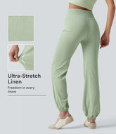 Crossover High-waisted Casual Stretch Linen Balloon Joggers with Pockets