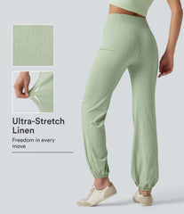 Crossover High-waisted Casual Stretch Linen Balloon Joggers with Pockets