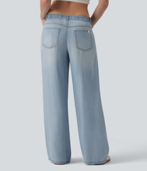 Low Rise Draped Casual Wide Leg Jeans with Pockets