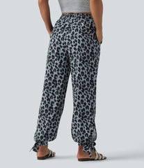 Mid Rise Drawstring Knot Hem Leopard Print Casual Joggers with Pokcets