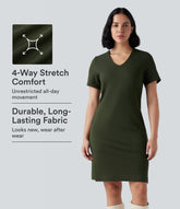 Wear-Resistant V-neck Zipper Short Sleeve Split Hem Ponte Roma Work Dress with Pockets