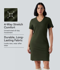 Wear-Resistant V-neck Zipper Short Sleeve Split Hem Ponte Roma Work Dress with Pockets