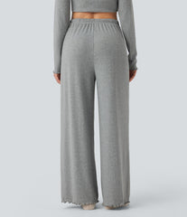 Ribbed Knit Pointelle High Waisted Drawstring Lettuce Trim Straight Leg Lounge Pants