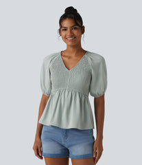 V Neck Puff Short Sleeve Shirred Casual Blouse