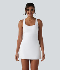 SoftlyZero™ Airy Crisscross Racerback Breathable Mesh 2-piece Built-in Bra InstantCool Dance Active Dress with Pockets-UPF50+