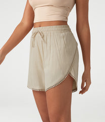 Mid Rise Drawstring Contrast Fringe Curved Hem 2-in-1 Casual Shorts