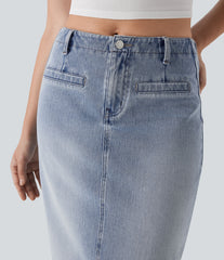 Halara Flex™ Mid Rise Back Midi Washed Denim Casual Straight Skirt with Pockets
