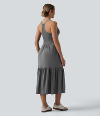 U Neck Shirred Racerback Midi Casual Dress with Pockets