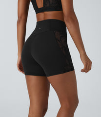 SoftlyZero™ High Waisted Crossover Contrast Lace Pocket Yoga Biker Shorts 5''-UPF50+
