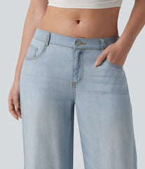 Low Rise Draped Casual Wide Leg Jeans with Pockets