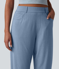 High Waisted Barrel Leg Casual Stretch Linen Pants with Pockets