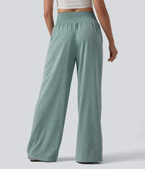 Crossover High-waisted Ruched Casual Linen-Feel Baggy Pants with Pockets