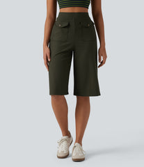 Ribbed Knit High Waisted Pedal Pushers Quick Dry Casual Wide Leg Pants with Flap Pockets-UPF50+
