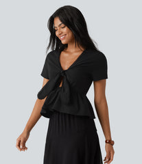 V Neck Tie Front Short Sleeve Quick Dry Top
