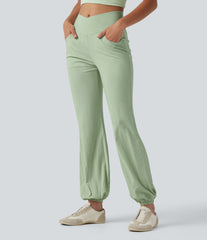 Crossover High-waisted Casual Stretch Linen Balloon Joggers with Pockets