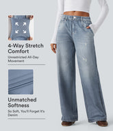 Mid Rise Denim Print French Terry Casual Sweatpants Jeans with Pockets