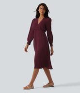V-neck Puff Long Sleeve Midi Casual Dress