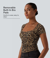 Square Neck Short Sleeve Ruched Leopard Print Casual T-Shirt