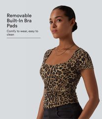 Square Neck Short Sleeve Ruched Leopard Print Casual T-Shirt