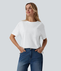 Round Neck Short Sleeve Oversize Casual Cotton T-Shirt with Pocket