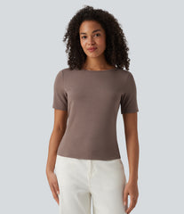 Ribbed Knit Boat Neck Short Sleeve Casual T-Shirt