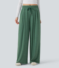 Mid Rise Drawstring Heathered Casual Baggy Pants with Pockets