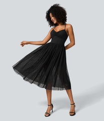 V Neck Ruched Lace Up Contrast Mesh Midi Casual Dress