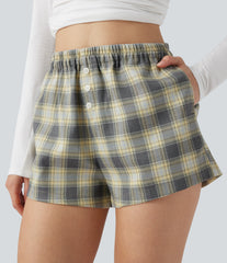 High Waisted Plaid Baggy Lounge Shorts with Pockets