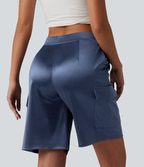 Mid Rise Drawstring Satin Casual Cargo Bermuda Shorts 9'' with Pockets
