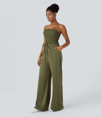 Tube Shirred Knot Pocket Wide Leg Casual Jumpsuit