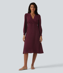 V-neck Puff Long Sleeve Midi Casual Dress