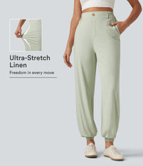 High Waisted Casual Stretch Linen Joggers with Pockets