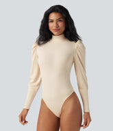 Ribbed Knit High-neck Puff Sleeve Skinny Work Bodysuit