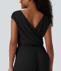 SoftlyZero™ Airy Cowl Neck Cap Sleeve Straight Leg InstantCool Casual Jumpsuit with Pockets