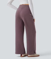 High Waisted Drawstring Split Hem Wide Leg Casual Fleece Pants with Pockets