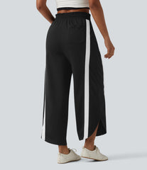 High Waisted Drawstring Curved Hem Color Block Casual Wide Leg Sweatpants with Pockets