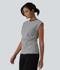 Ribbed Knit Round Neck Cap Sleeve Stripes Casual T-Shirt