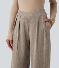Ribbed High Waisted Crossover Straight Leg Casual Pants with Pockets