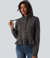 Hooded Drawstring Long Sleeve Ruffle Hem Casual Cotton Sweatshirt