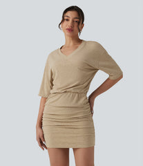 Ribbed Knit V Neck Short Sleeve Ruched Bodycon Mini Casual Dress