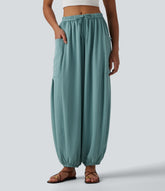 Mid Rise Drawstring Linen-Feel Joggers with Pockets