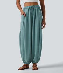 Mid Rise Drawstring Linen-Feel Joggers with Pockets