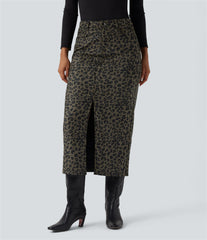 Mid Rise Leopard Print Midi Casual Skirt with Pockets
