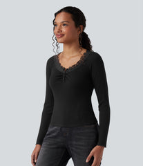 Ribbed Knit Henley Contrast Lace Long Sleeve Casual Top