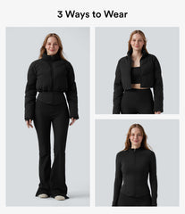 PuffFlex 3-in-1 Stand Collar Casual Cropped Puffer Coat & Thumb Holes Curved Hem Jacket with Pocket