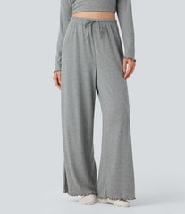Ribbed Knit Pointelle High Waisted Drawstring Lettuce Trim Straight Leg Lounge Pants