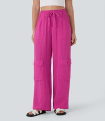 High Waisted Drawstring Wide Leg Cargo Casual Cotton Pants with Pockets